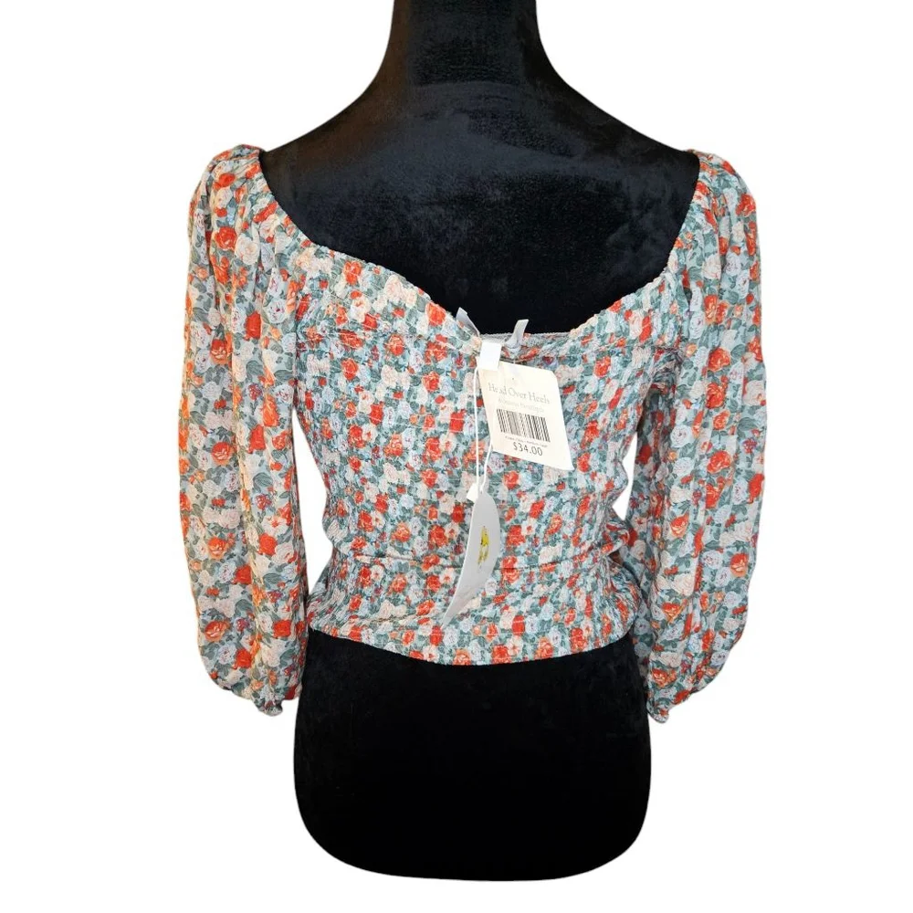 Sweet Lemon Flower Child Medium Sage 3/4 Sleeve Tie Front Crop Top - Picture 3 of 8
